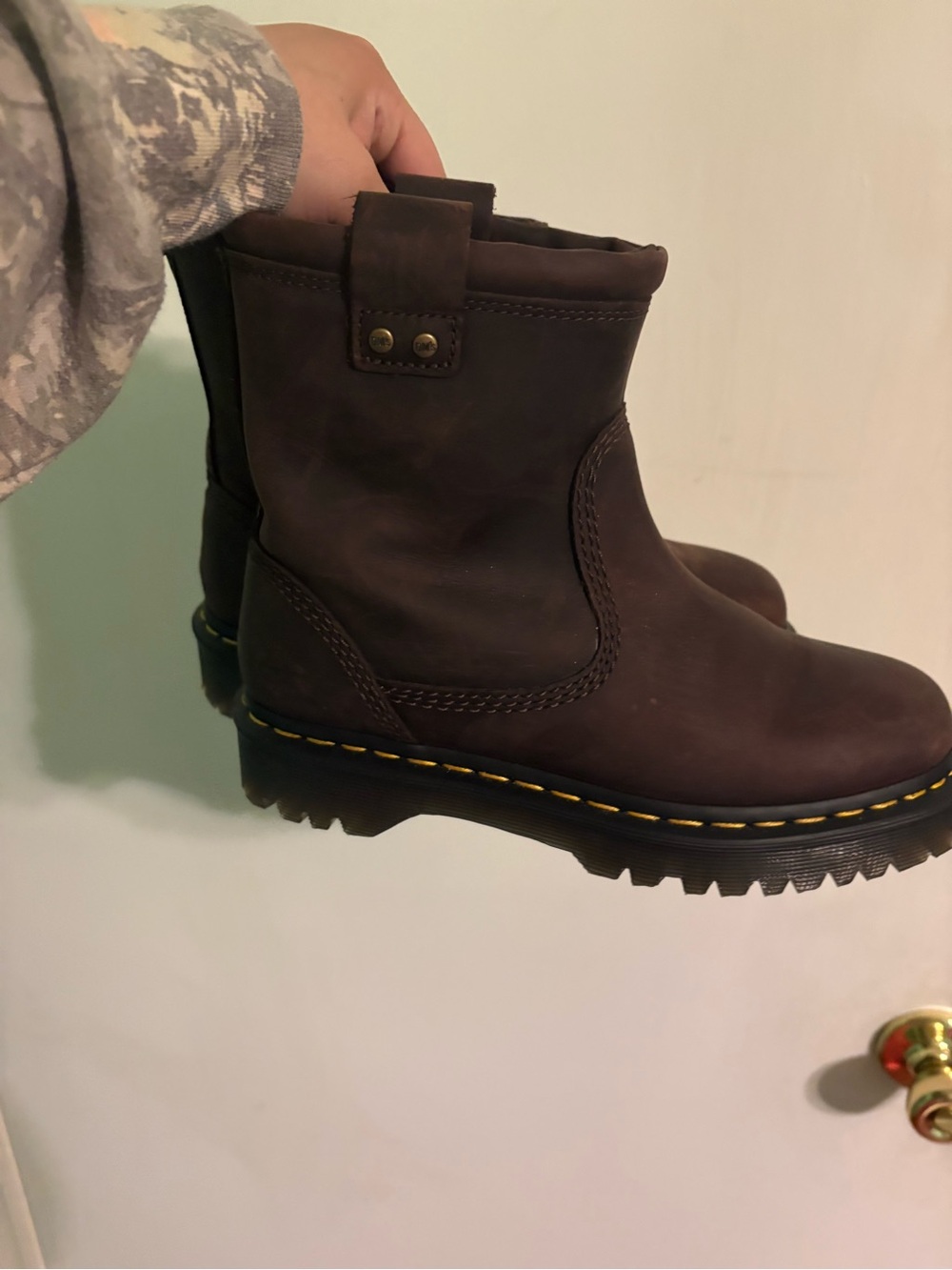 Dr. Martens Brown Leather Aniston Lo Boots with Yellow Stitch